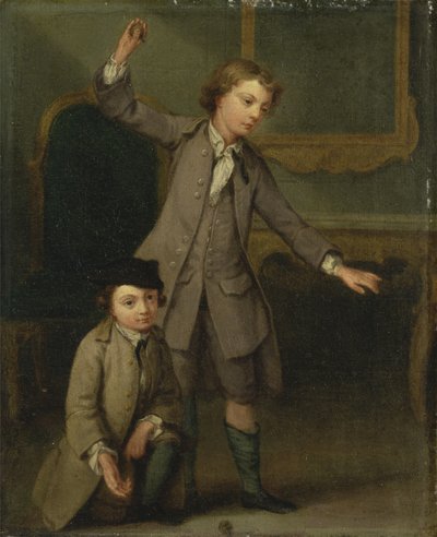 ノルケン家の二人の少年、おそらくジョセフとジョン・ジョセフ、トップスで遊んでいる 作： Joseph Francis Nollekens