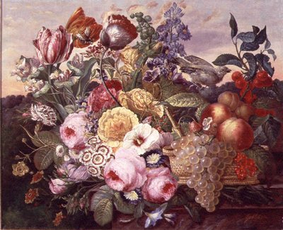 花とブドウのある静物、1880 作： Joseph Goblet