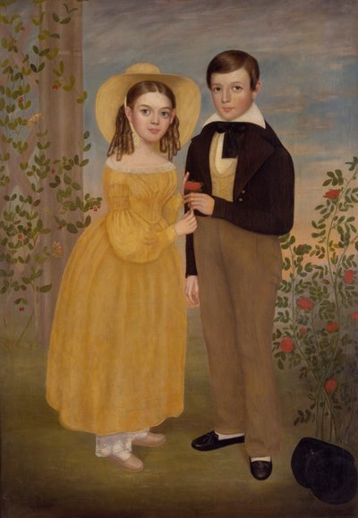庭の少年と少女（キャンバスに油彩） 作： Joseph Goodhue Chandler