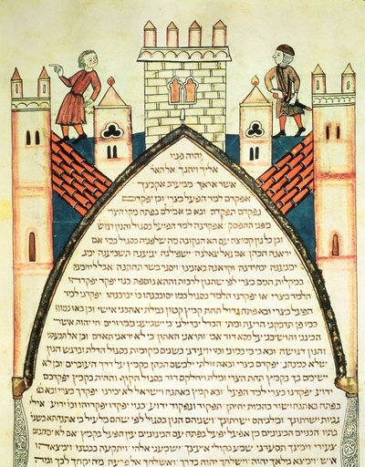 目を光らせて、ユダヤ人のサーベラ聖書、1299年からのイラスト、アラームを与える 作： Joseph Ha Zarefati