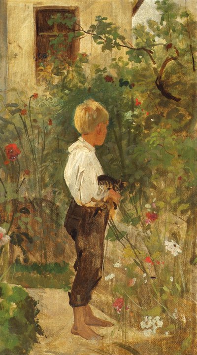 庭で猫を連れた少年 作： Joseph Hasslwander