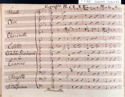 Jハイドンの交響曲66番変ロ長調のメヌエットの譜面の1ページ目 作： Joseph Haydn