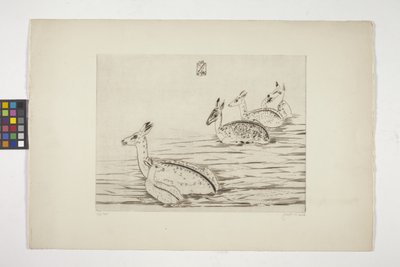 Cerfs Indochinois I (インドシナ鹿 I) (クリーム織り紙に彫刻) 作： Joseph Hecht