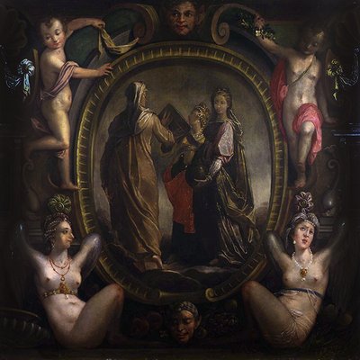 カルトゥーシュの中の3人の寓意的な人物（油彩・キャンバス） 作： Joseph Heintz