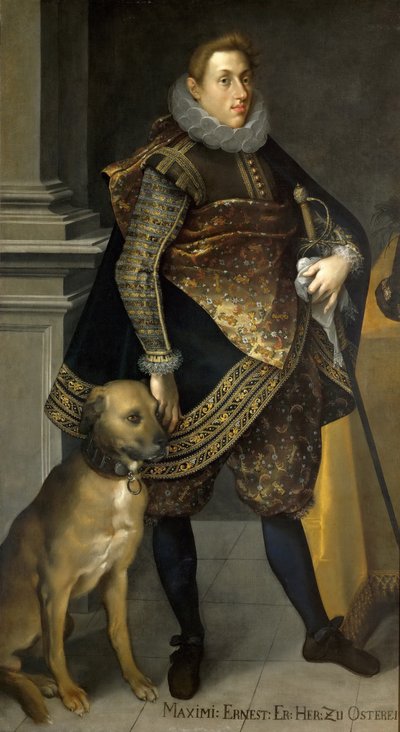 オーストリア1583-1616の大公マクシミリアンアーネスト、狩猟犬を飼った1604 作： Joseph Heintz the Elder