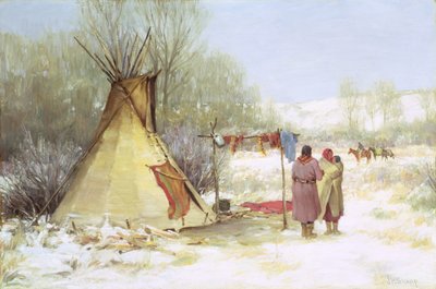 冬のキャンプに戻るインディアンたち（油彩・キャンバス） 作： Joseph Henry Sharp