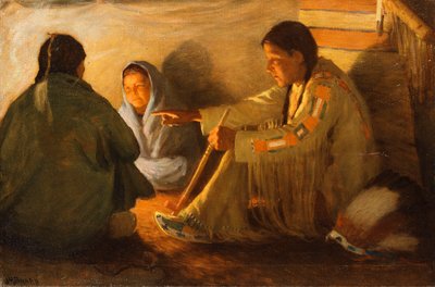 火のそばのインディアン 作： Joseph Henry Sharp