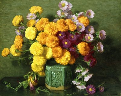 中国花瓶のマリーゴールドとアスター 作： Joseph Henry Sharp