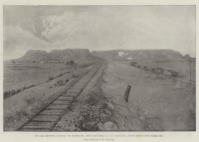 De Aar、約35マイル離れたTafelbergが遠くにあるKimberleyへの鉄道を示しています 作： Joseph Holland Tringham