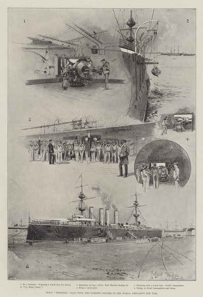 HMSひどい、14,220トン、世界最大の巡洋艦、戦争に備える 作： Joseph Holland Tringham