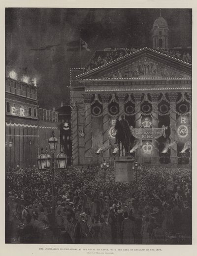 イングランド銀行を左にした王立証券取引所の戴冠式イルミネーション 作： Joseph Holland Tringham