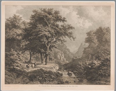 中央に滝のある山岳風景、左側に 3 頭の牛と犬を連れた少年 作： Joseph Hubert Blees
