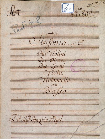 プレイエルの交響曲ハ長調の楽譜の最初のページ 作： Joseph Ignace Pleyel