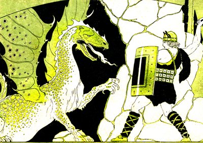 ジークフリートがドラゴンと戦うニーベルンゲンの伝説。ジョセフ・クーン・レニエ（Kuhn-Regnier）（1873-1940）による挿絵。Fernand Nathan 20世紀初頭。 作： ジョゼフ・クーン・レニエ