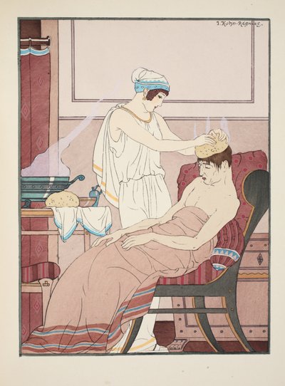 湯に浸したスポンジを頭に塗る、「ヒポクラテスの働き」、1934年のイラスト 作： Joseph Kuhn Regnier