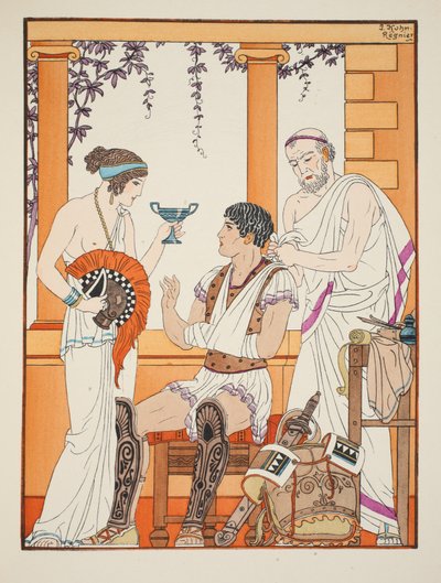 1934年の「ヒポクラテスの作品」からのイラスト、スリングに腕を負った負傷した兵士 作： Joseph Kuhn Regnier