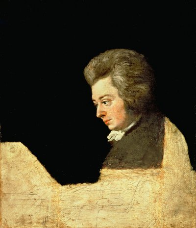 ピアノでのヴォルフガングアマデウスモーツァルト（1756-91年）の肖像、1789年 作： Joseph Lange