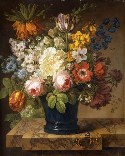 赤い提督、マルハナバチ、2つのカブトムシ、トンボがいる大理石の棚の上の花瓶の花1807 作： Joseph Laurent Malaine