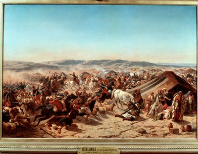 アルジェリアのコンケーテ（1830年～1847年）。アブド・エル・カーダー（Abd-el-Kader or ibn Muhyi al-Din al-Hasani）（1807-1883）のスマラ（Smalah）をタグインのオマール公爵が捕らえる」。 作： Joseph Louis Hippolyte Bellange