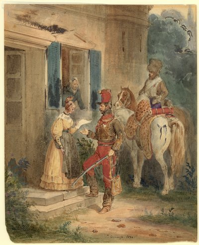 Hussars Delivering News（水彩と紙にインク） 作： Joseph Louis Hippolyte Bellange