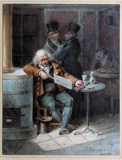 ガゼットの読書」：1824年、カフェで新聞「ガゼット」を読みながら眠る老人。ジョセフ・ルイ・イポリット・ベランジュ（1800-1866）によるリトグラフ 1824年 パリ、カルナヴァレ美術館 作： Joseph Louis Hippolyte Bellange