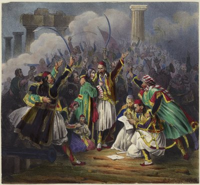 伝統的な衣装の人物とお祝いのシーン 作： Joseph Louis Hippolyte Bellange