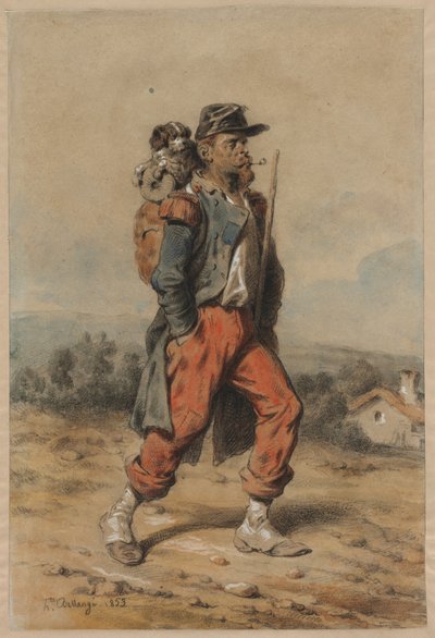 犬を持つ兵士、1853年。 作： Joseph Louis Hippolyte Bellange