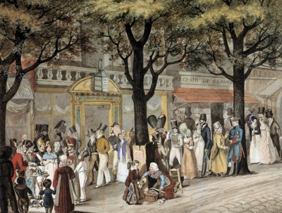 1819年のパリの大通りを歩く Joseph Louis Bellange (1800-1866) による水彩画 1819年 Paris, Musee Carnavalet 作： Joseph Louis Hippolyte Bellange