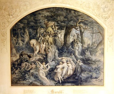 Ludwig Uhlandの「The Ballad of Harald」のイラスト（紙に鉛筆の上に水彩と白のボディカラーを重ねたもの）。 作： Joseph Machold