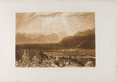 グルノーブルからチャンベリまでのアルプス山脈、Liber Studiorum のプレート 40 作： Joseph Mallord William Turner