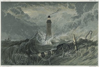 1757年から1759年にかけてイギリスの土木技師ジョン・スミートンによってエディストーン岩に建てられたエディストーン灯台。JMWターナーの絵画をもとにしたクロモリトグラフ。 作： Joseph Mallord William Turner