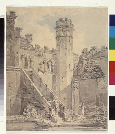 Haddon Hall Near Bakewell, Derbyshire (tinta azul e cinza sobre lápis sobre papel branco) 作： Joseph Mallord William Turner
