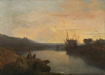 ティグウィンフェリーからのハーレック城、夏の夕方のたそがれ[1799年、王立芸術アカデミー、ロンドン、展覧会カタログ] 作： Joseph Mallord William Turner