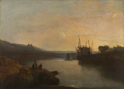 ティグウィンフェリーからのハーレック城、夏の夕方のたそがれ[1799年、王立芸術アカデミー、ロンドン、展覧会カタログ] 作： Joseph Mallord William Turner
