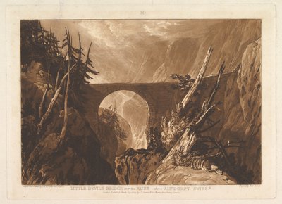 1809年3月29日、スイスのアルトドルフの上のラスにかかるリトルデビルズブリッジ。 作： Joseph Mallord William Turner