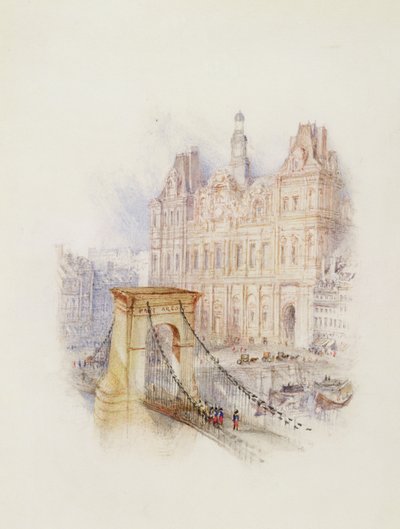 パリ：オテル・ド・ヴィル（白紙に水彩、ペン、赤インク） 作： Joseph Mallord William Turner