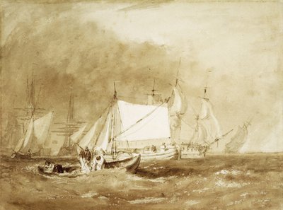 漁師との出荷シーン、c.1815-20（紙にブラシと茶色のインク） 作： Joseph Mallord William Turner