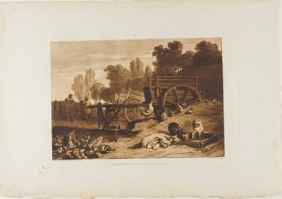 雄鶏のいる農場の庭、Liber Studiorum のプレート 17 作： Joseph Mallord William Turner