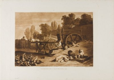 雄鶏のいる農場の庭、Liber Studiorum のプレート 17 作： Joseph Mallord William Turner