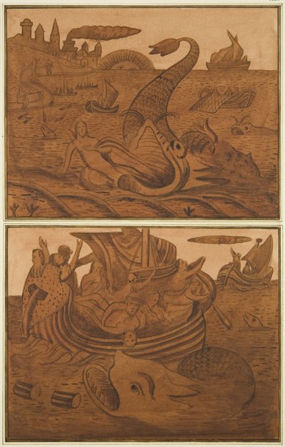 2 フックス・ミルズの孤児院にある古いオークのチェストに描かれたヨナの人生の一場面 作： Joseph Manning