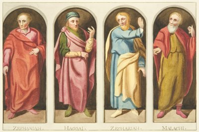ブリストル大聖堂の身廊と聖歌隊を仕切るスクリーンの西側に描かれた4人の小預言者（水彩・紙 作： Joseph Manning