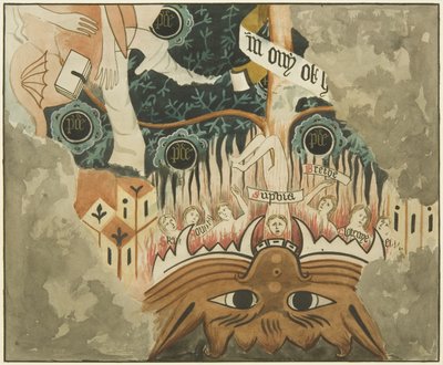 聖ヨハネ教会の壁に描かれた「最後の審判」の一部を示すフレスコ画（水彩・紙 作： Joseph Manning