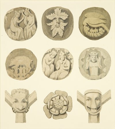 レッドクリフ教会の天井にあるグロインストーン（ボス）（紙に水彩画 作： Joseph Manning
