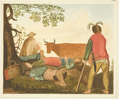 ウォーリック伯爵ガイとダン・カウ」油彩原画からのコピー（紙に水彩画 作： Joseph Manning