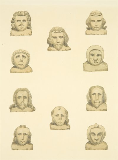 セント・メアリー・レッドクリフの北ポーチ周辺のフリーズにある10人の頭（紙に水彩画 作： Joseph Manning