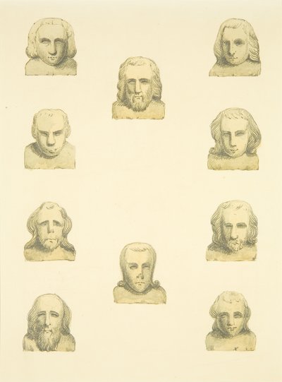 セント・メアリー・レッドクリフの北ポーチ周辺のフリーズにある10人の頭（紙に水彩画 作： Joseph Manning