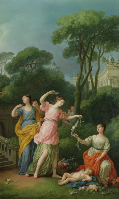 花で眠っているキューピッドを飾るギリシャの少女、1773 作： Joseph Marie Vien