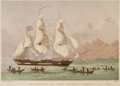 オタハイトに到着した宣教師船「ダフ号」 1797年 作： Joseph Martin Kronheim