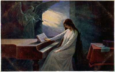 音楽。 最後の和音。 ピアノで死にかけている女性。 Josef Mathauserによるイラスト、チェコ共和国、1910年頃（はがき） 作： Joseph Mathauser