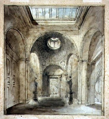 ジョン・ソーン卿（1753-1837）が設計したベルグレイブ・プレイス30番地にあるフランシス・シャントレー卿の彫刻ギャラリーの控室（水彩・鉛筆・紙） 作： Joseph Michael Gandy